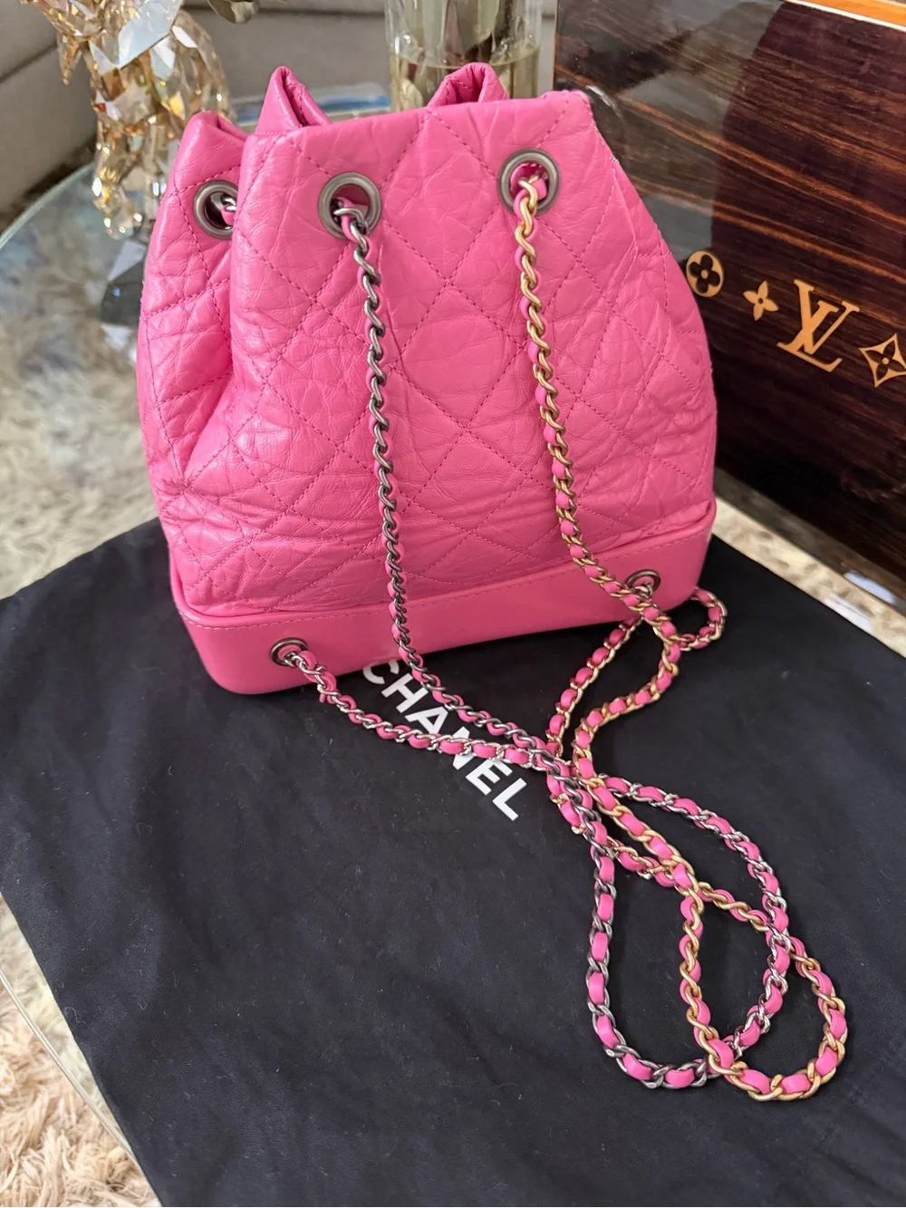 CHANEL Hot Pink Quilted Leather Drawstring Bucket Bag
